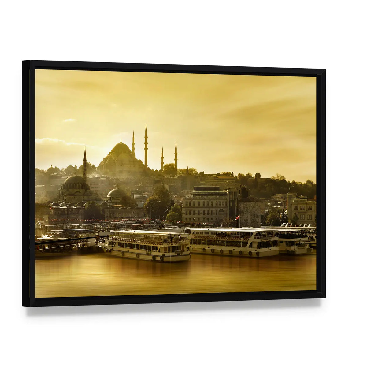 Suleymaniye Mosque Golden Horn In Istanbul Turkey Canvas Wall Art, framed canvas in a black floater frame, angled product view