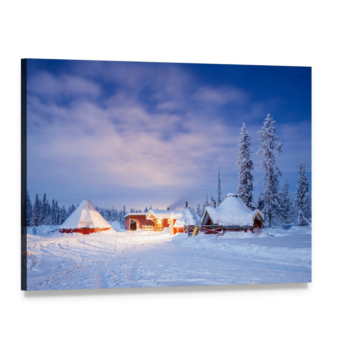 Winter Landscape with Cabin at Night Canvas Wall Art, single panel gallery wrapped canvas, angled product view