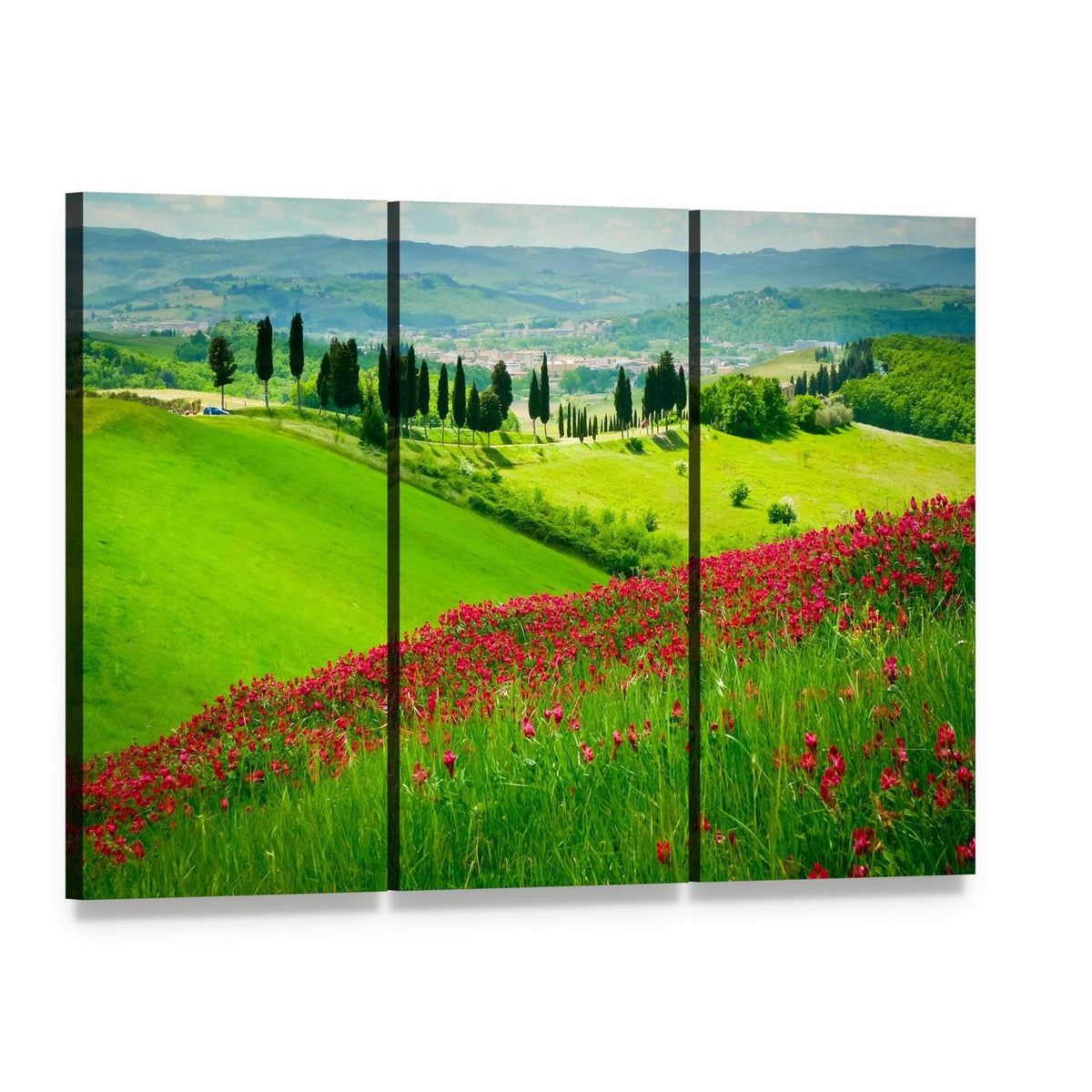 Tuscan Hill Landscape Canvas Wall Art, 3 panel 3 Horizontal layout gallery wrapped canvas set, angled product view