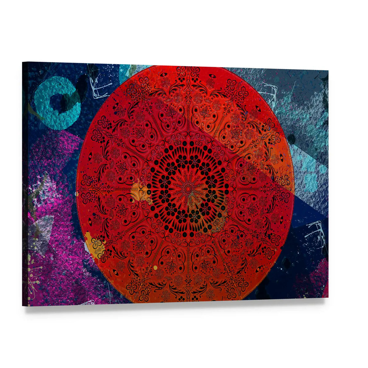 Intricate Red Mandala with Teal Accent Canvas Wall Art, single panel gallery wrapped canvas, angled product view