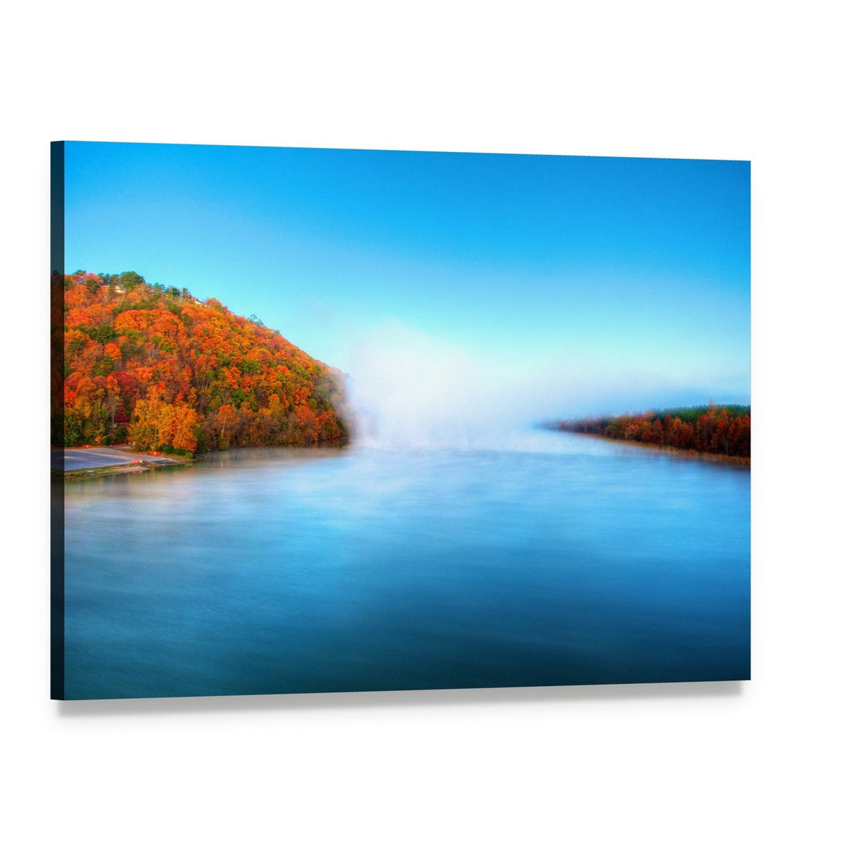 Warm Autumn River with Mist Canvas Wall Art, single panel gallery wrapped canvas, angled product view