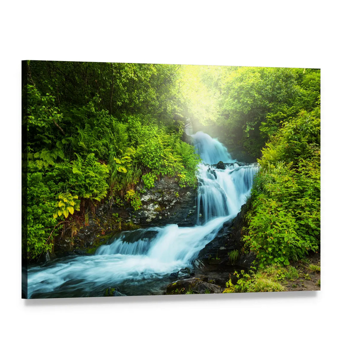 Sunlit Forest Creek and Waterfall Canvas Wall Art, single panel gallery wrapped canvas, angled product view