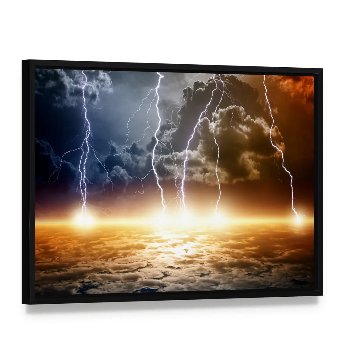 Dramatic Lightning Over Glowing Horizon Canvas Wall Art, framed canvas in a black floater frame, angled product view
