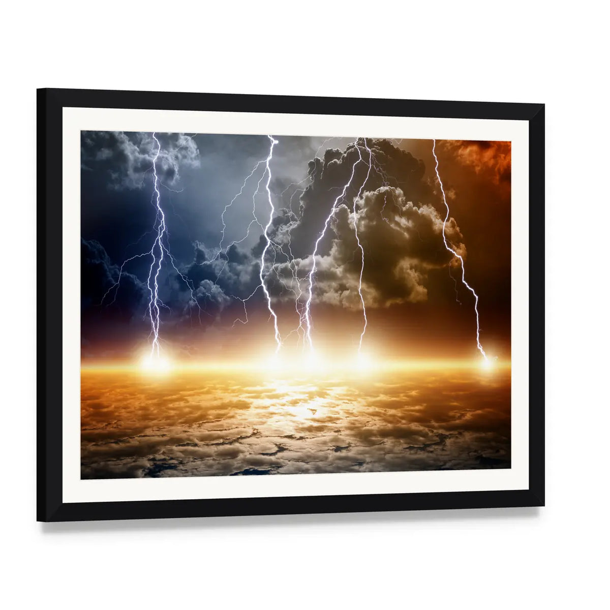 Dramatic Lightning Over Glowing Horizon Canvas Wall Art, framed print with white mat and black frame, angled product view