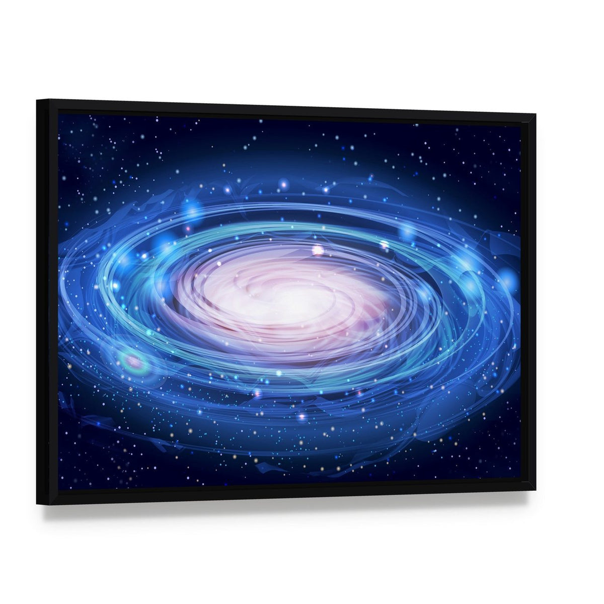 Blue Glowing Andromeda Canvas Wall Art, framed canvas in a black floater frame, angled product view
