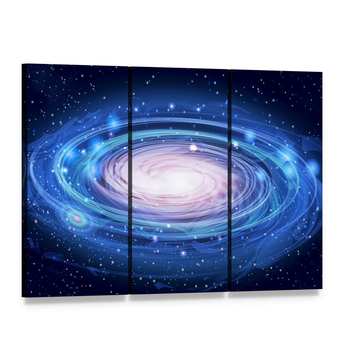 Blue Glowing Andromeda Canvas Wall Art, 3 panel 3 Horizontal layout gallery wrapped canvas set, angled product view