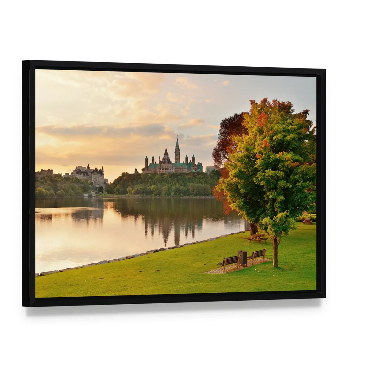 Ottawa Skyline at Sunrise Over River Canvas Wall Art, framed canvas in a black floater frame, angled product view