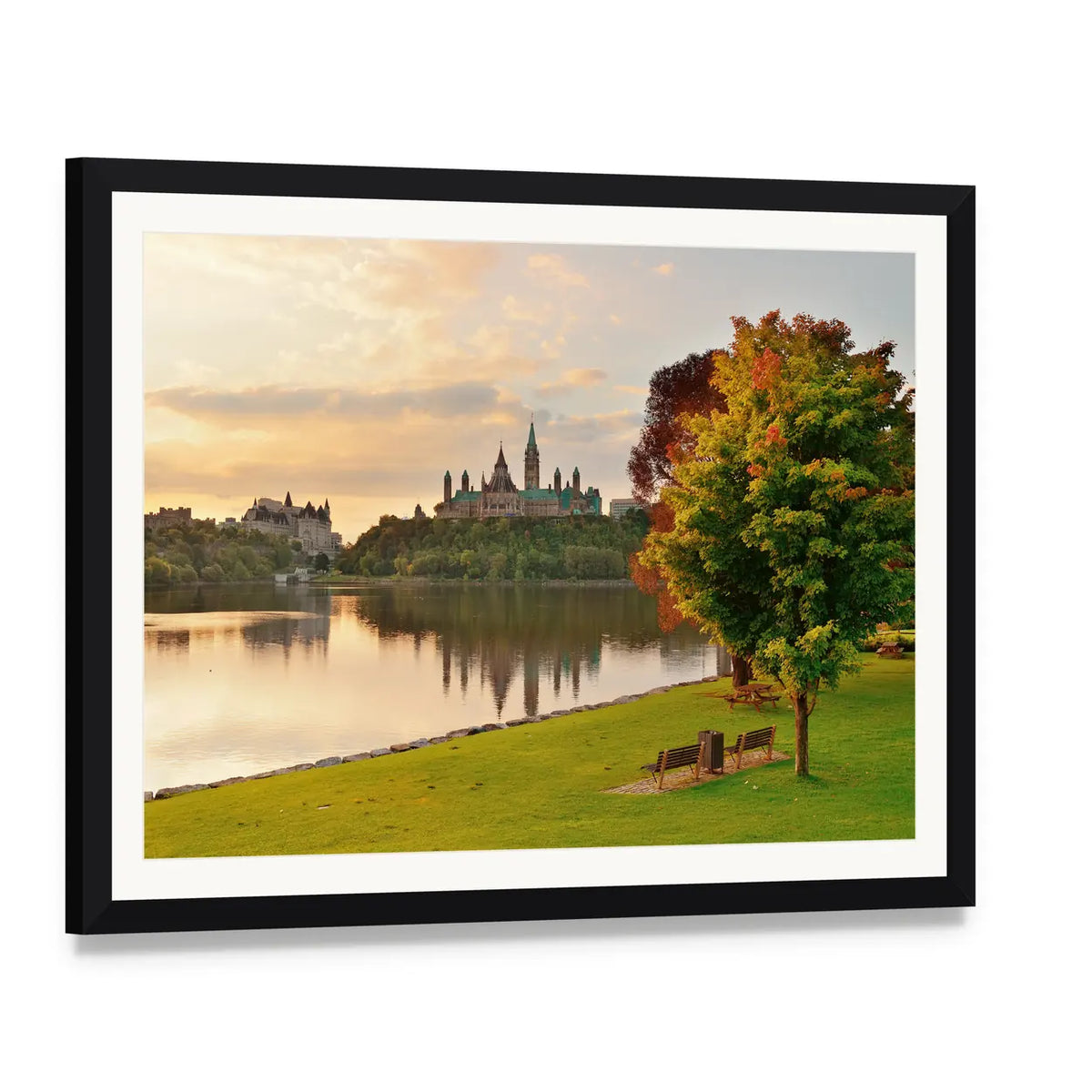 Ottawa Skyline at Sunrise Over River Canvas Wall Art, framed print with white mat and black frame, angled product view