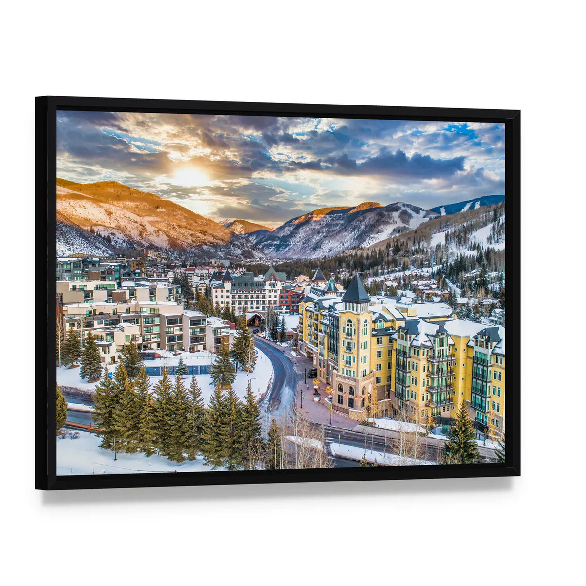 Vail Downtown In Colorado Canvas Wall Art, framed canvas in a black floater frame, angled product view
