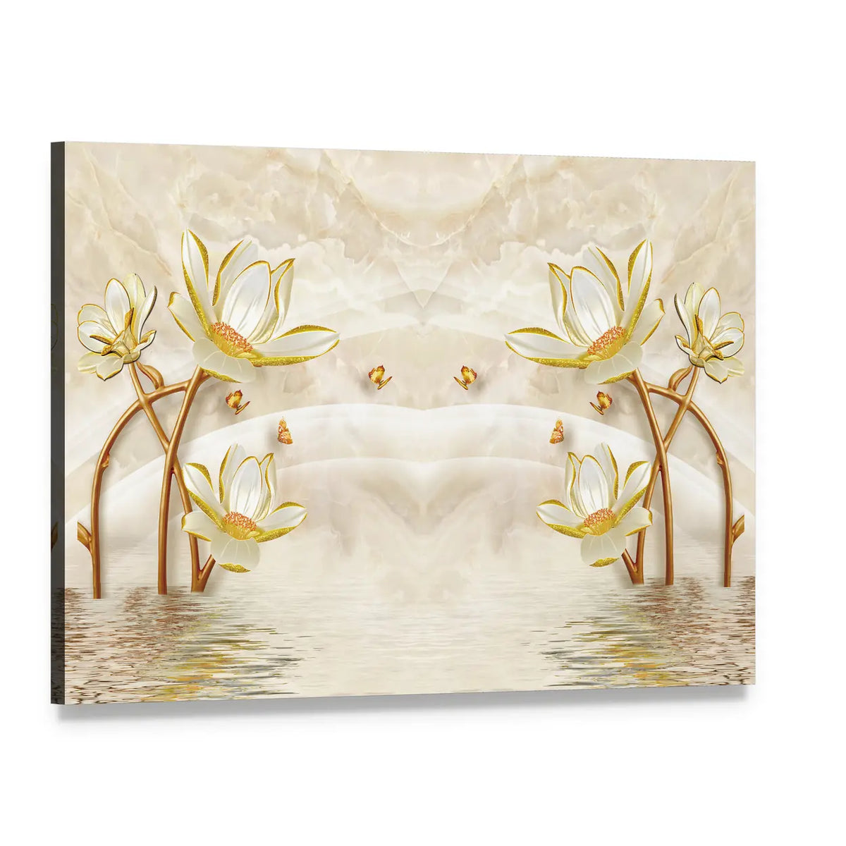 Gold-edged Lotus and Butterflies Illustration Canvas Wall Art, single panel gallery wrapped canvas, angled product view