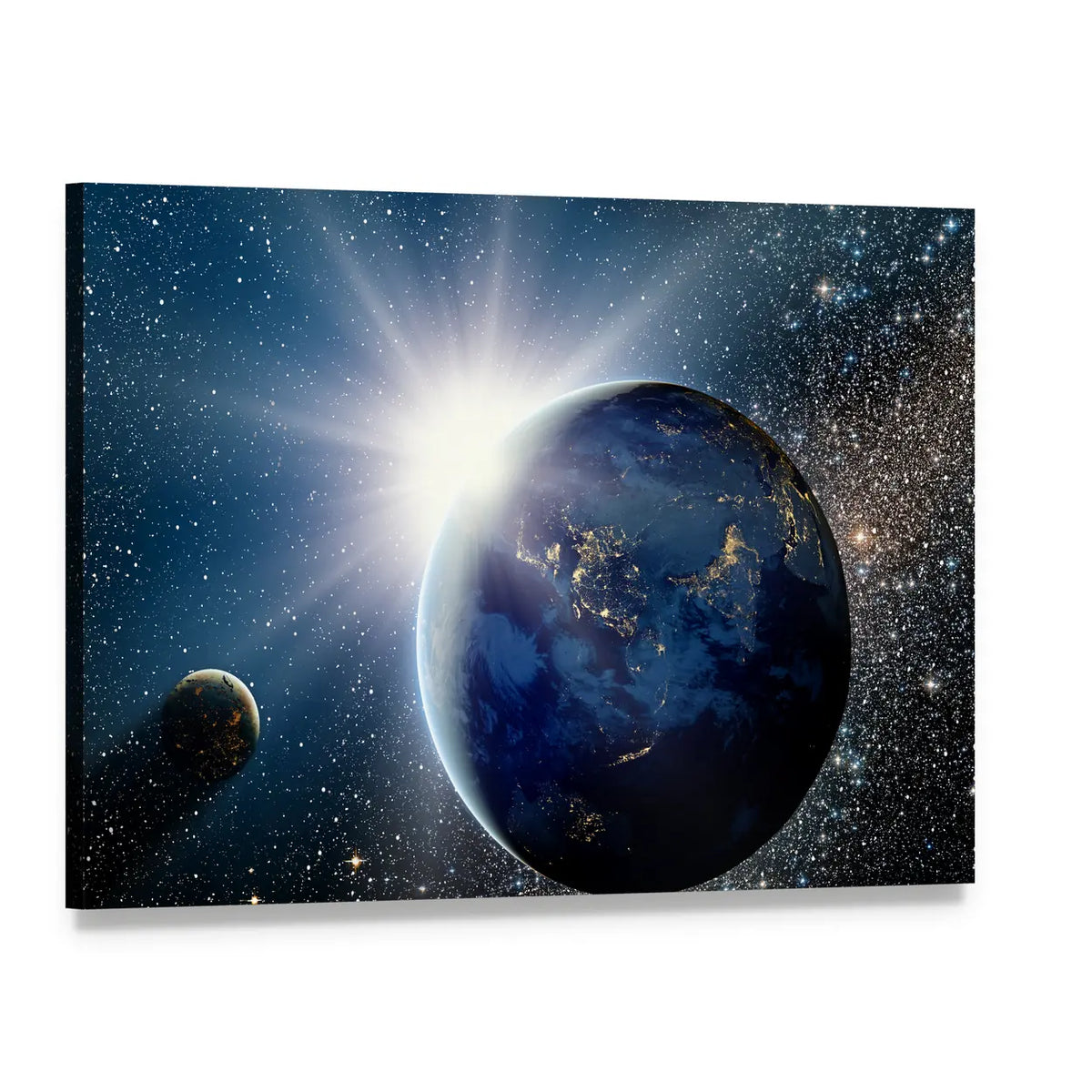 Cosmic Sunrise Over Earth Canvas Wall Art, single panel gallery wrapped canvas, angled product view
