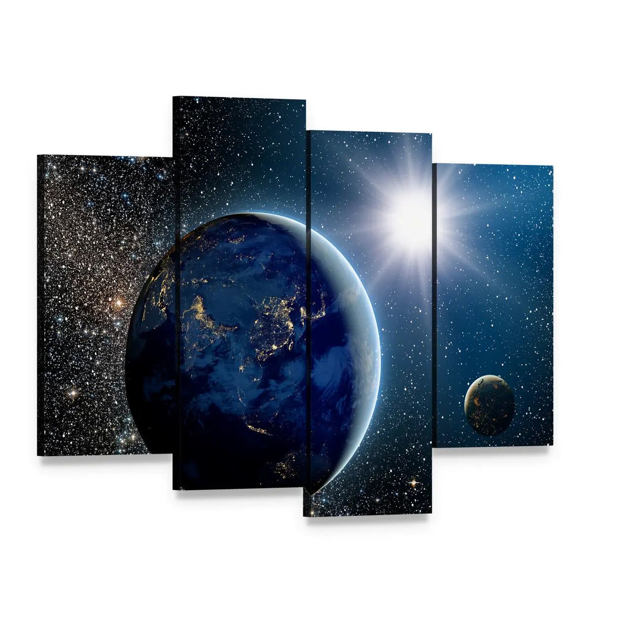 Earth & Sun from Space Canvas Wall Art, 4 panel 4 Pop layout gallery wrapped canvas set, angled product view