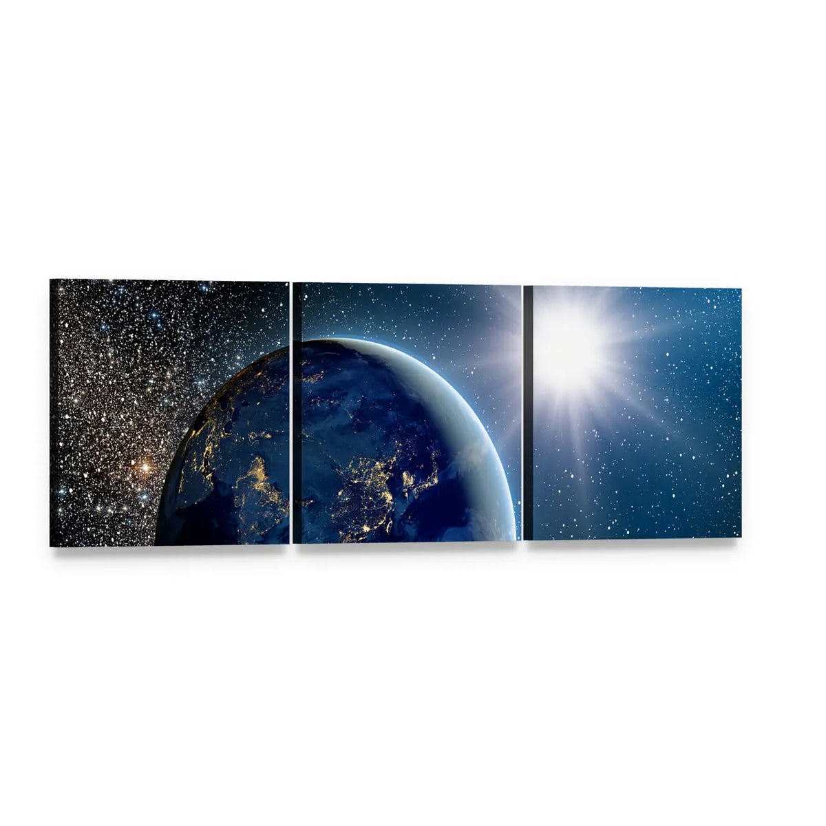 Earth and Sun with City Lights Panoramic Canvas Wall Art, 3 panel 3 Piece layout gallery wrapped canvas set, angled product view