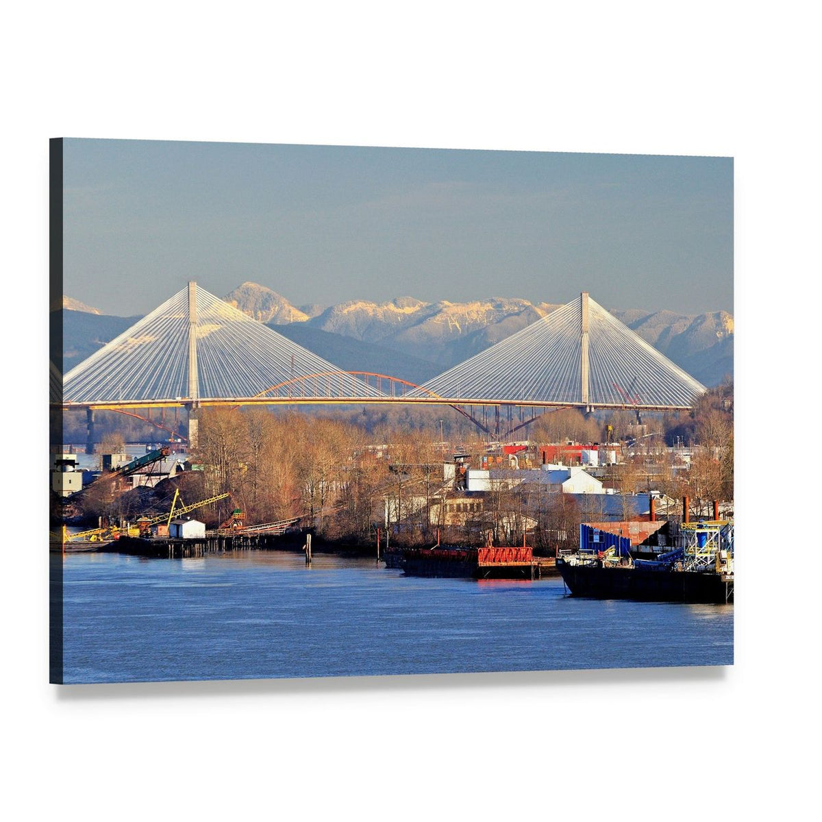 Port Mann Cable-stayed Bridge Canvas Wall Art, single panel gallery wrapped canvas, angled product view