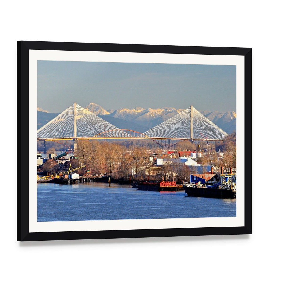 Port Mann Cable-stayed Bridge Canvas Wall Art, framed print with white mat and black frame, angled product view