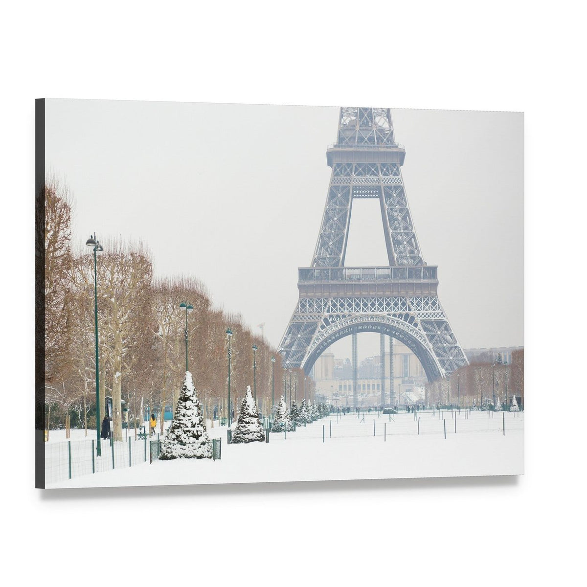 Eiffel Tower in Serene Winter Snow Canvas Wall Art, single panel gallery wrapped canvas, angled product view