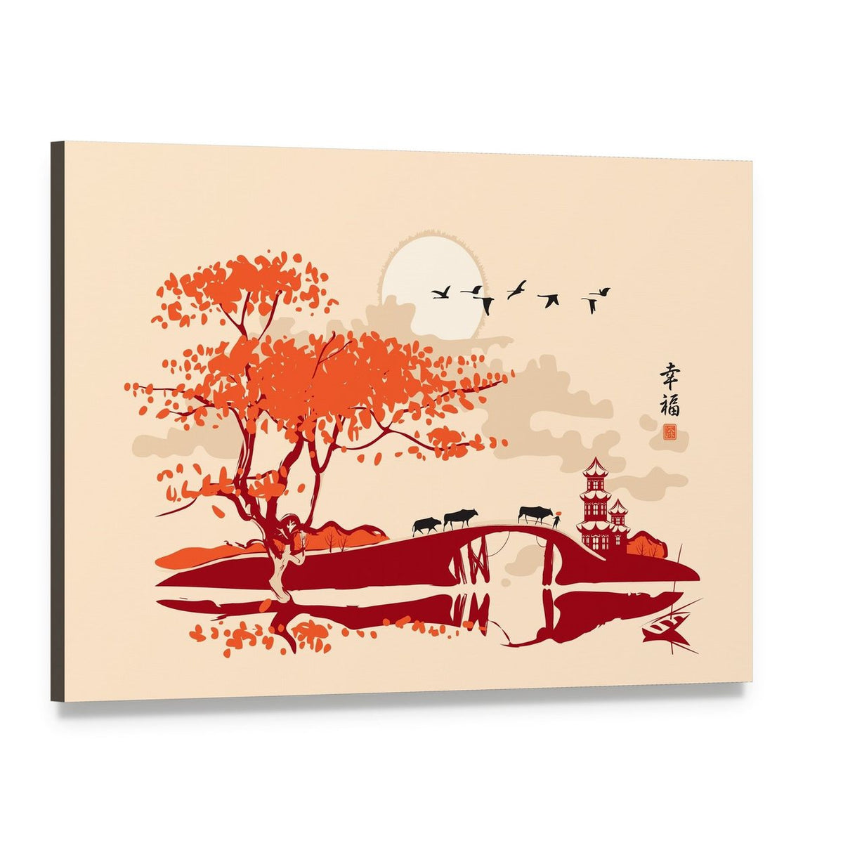 Pagoda Bridge and Birds at Sunset Canvas Wall Art, single panel gallery wrapped canvas, angled product view