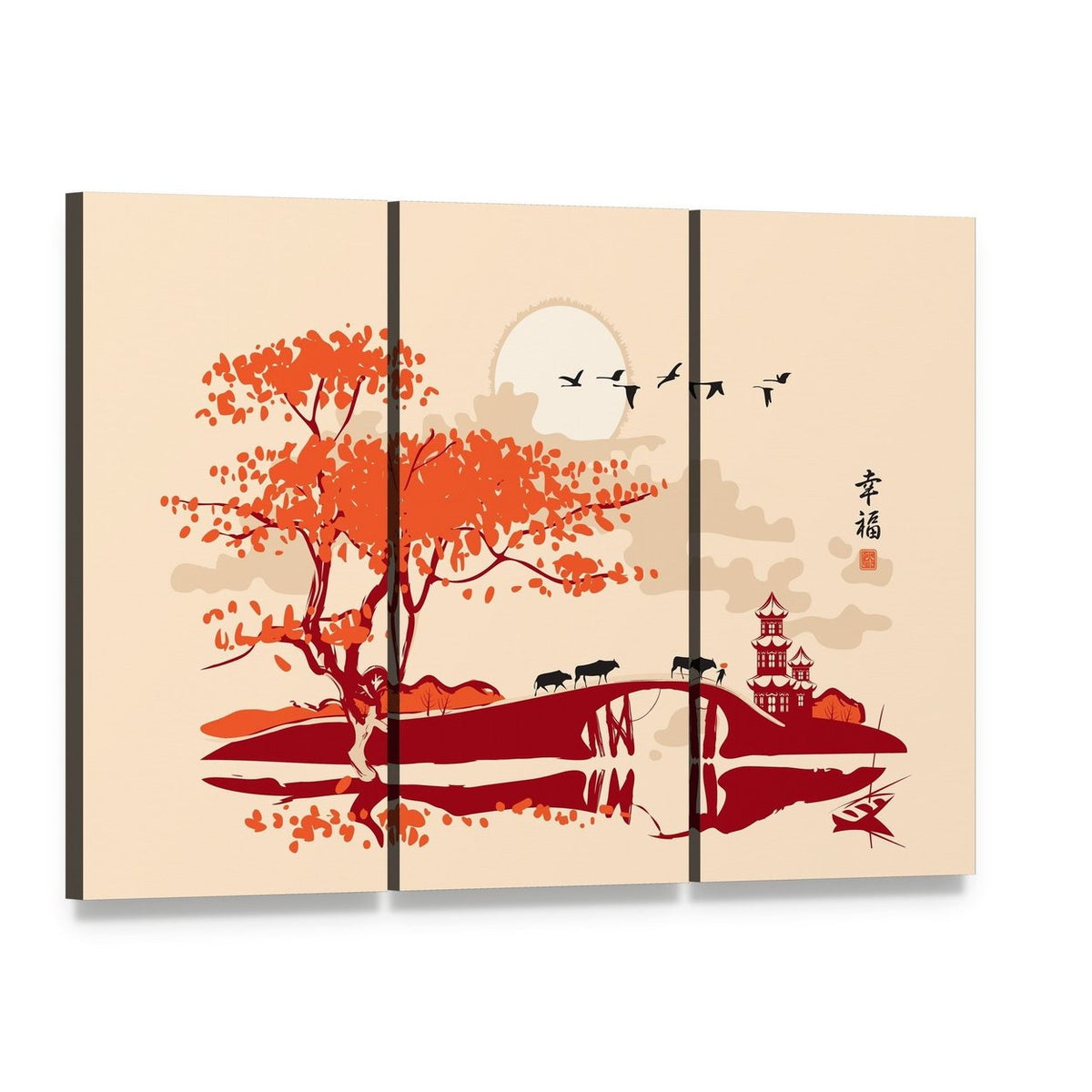 Pagoda Bridge and Birds at Sunset Canvas Wall Art, 3 panel 3 Horizontal layout gallery wrapped canvas set, angled product view