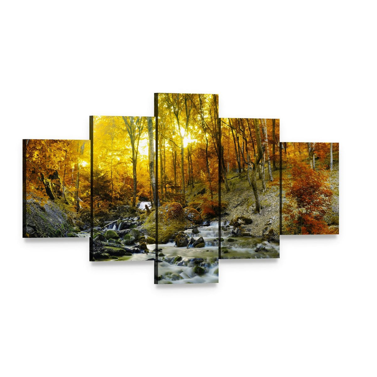 Yellow Trees Foliage and Rocks in Forest Canvas Wall Art, 5 panel 5 Star layout gallery wrapped canvas set, angled product view