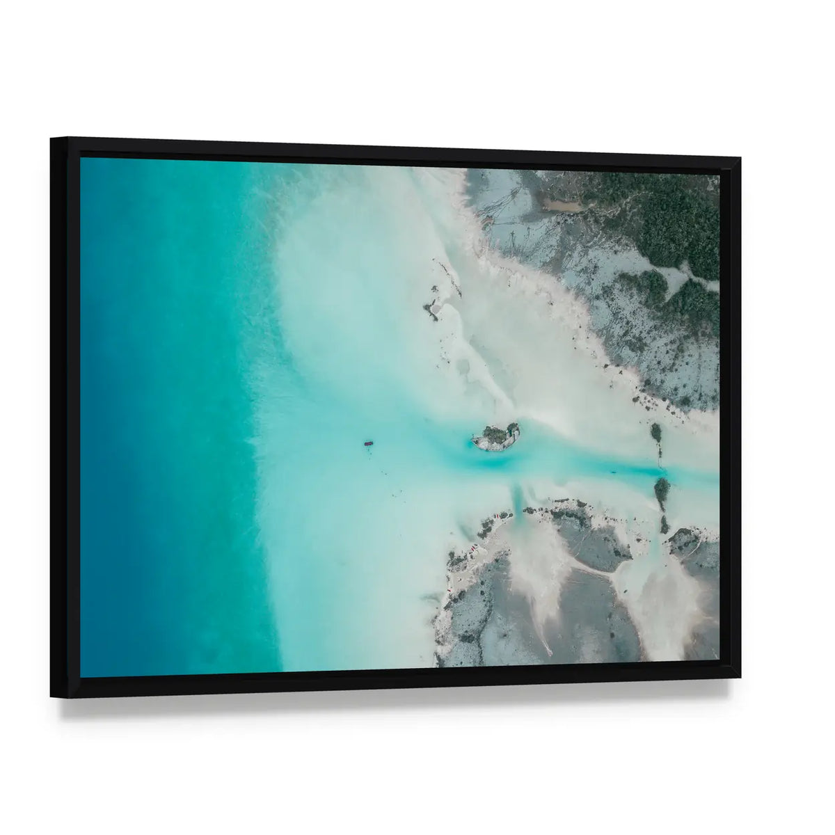 Lagoon Of Seven Colors Lake Bacalar In Mexico Canvas Wall Art, framed canvas in a black floater frame, angled product view