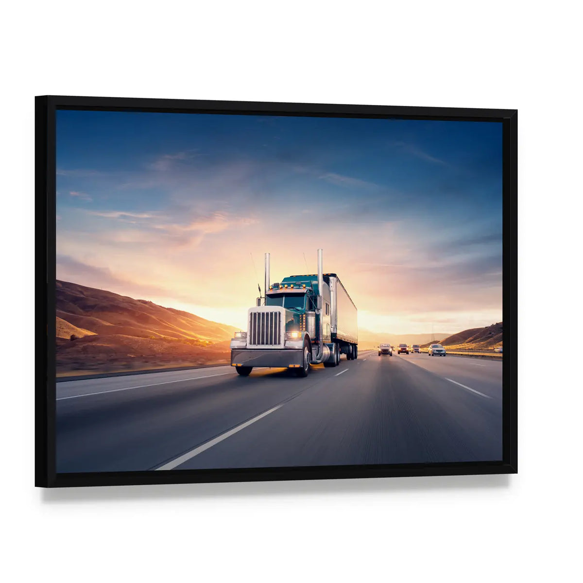American Style Truck On Freeway Pulling Load Canvas Wall Art, framed canvas in a black floater frame, angled product view