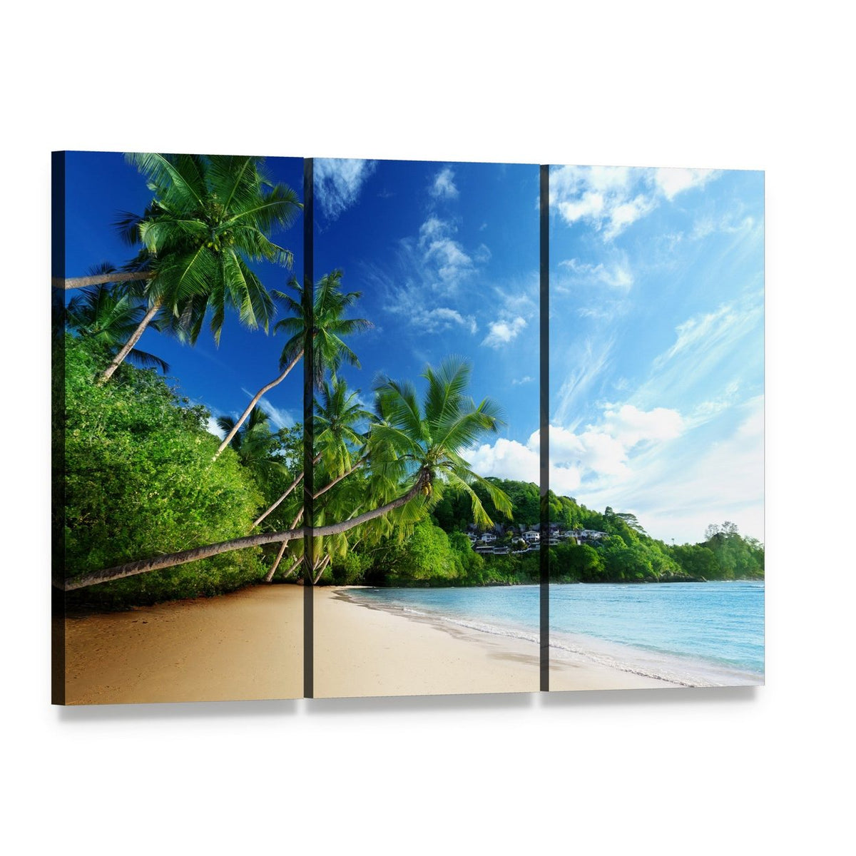 Sunset on Anse Takamaka Beach Canvas Wall Art, 3 panel 3 Horizontal layout gallery wrapped canvas set, angled product view