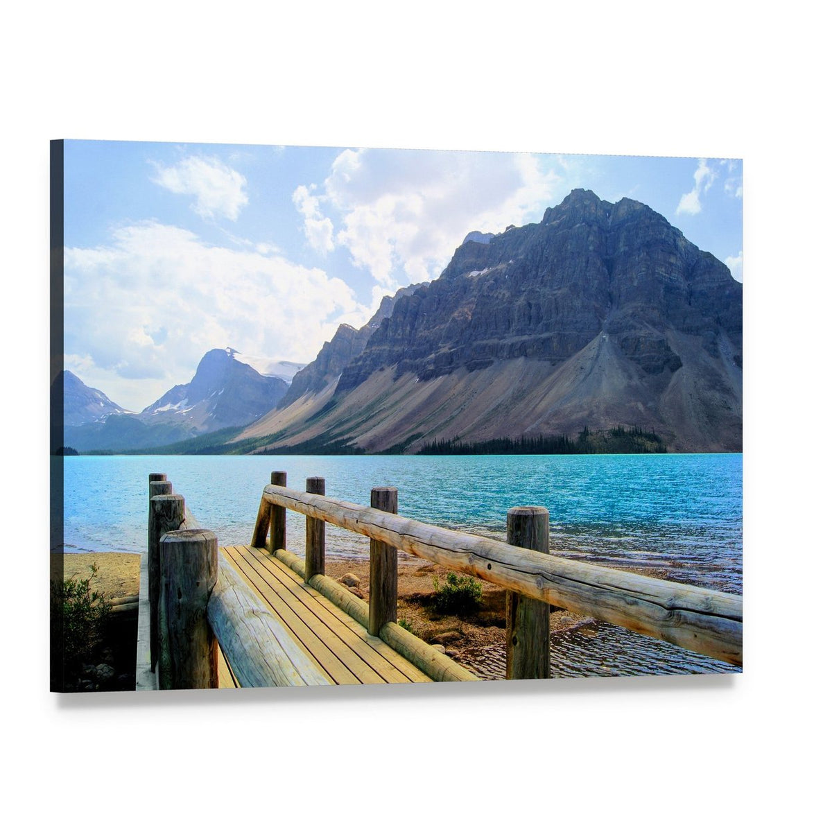 Wooden Bridge Over Bow Lake Canvas Wall Art, single panel gallery wrapped canvas, angled product view