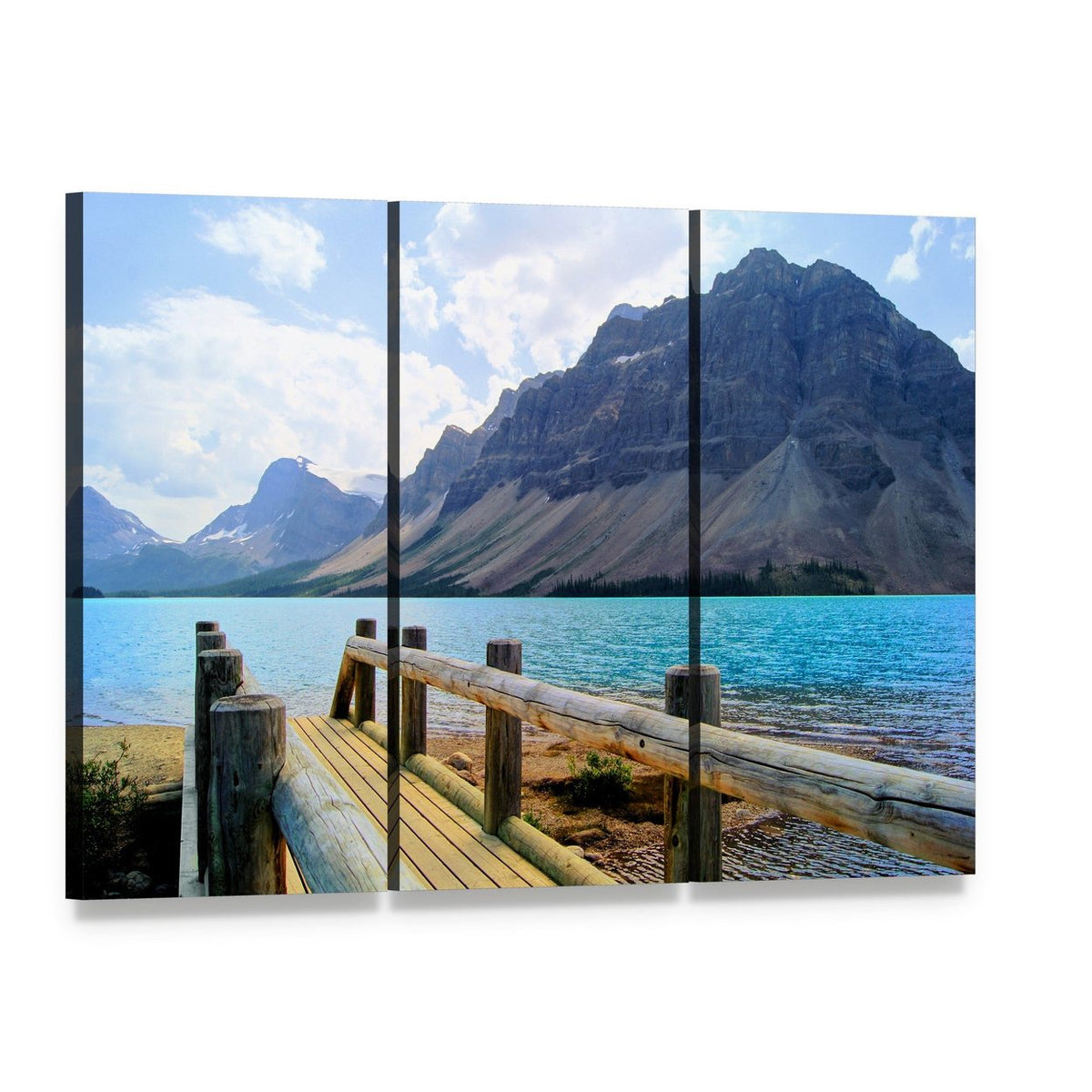 Wooden Bridge Over Bow Lake Canvas Wall Art, 3 panel 3 Horizontal layout gallery wrapped canvas set, angled product view
