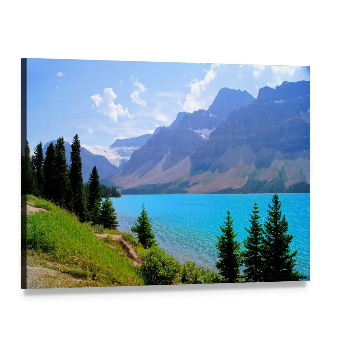 Bow Lake Turquoise Lake Landscape Canvas Wall Art, single panel gallery wrapped canvas, angled product view