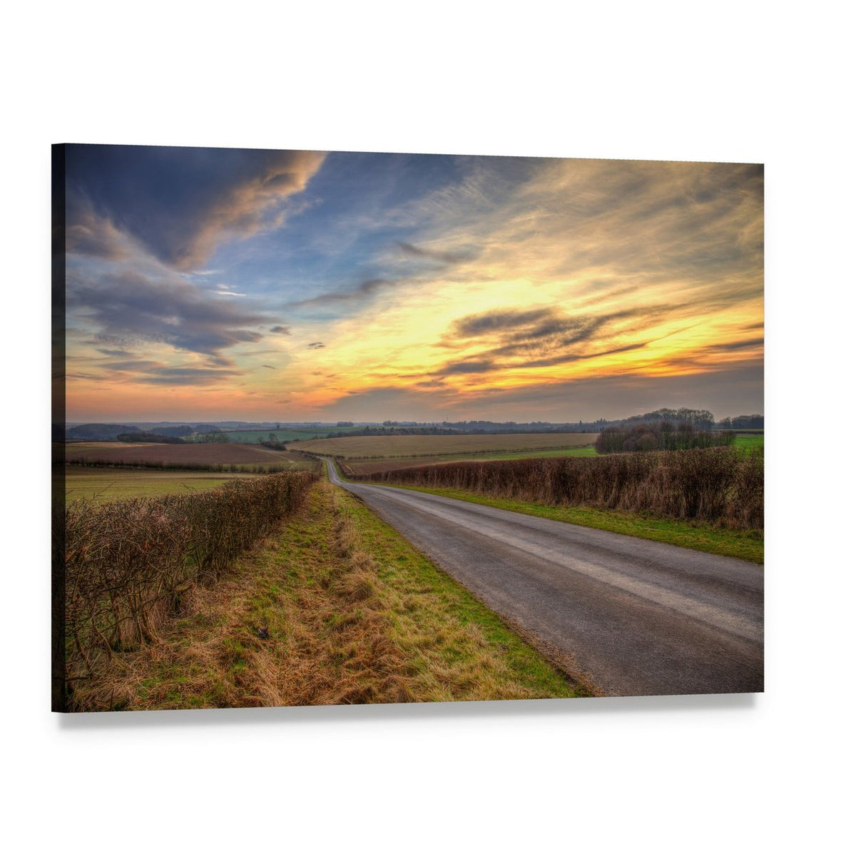 Sunset Over Lincolnshire Wolds Road Canvas Wall Art, single panel gallery wrapped canvas, angled product view