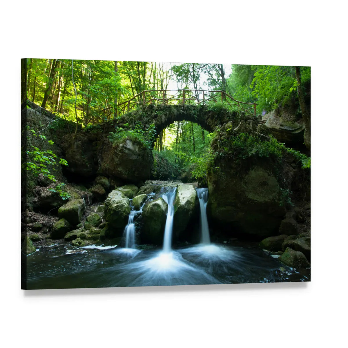 Moss-covered Stone Bridge and Waterfall Canvas Wall Art, single panel gallery wrapped canvas, angled product view
