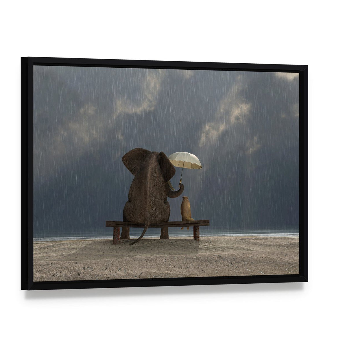 Elephant and Dog Under Rain Canvas Wall Art, framed canvas in a black floater frame, angled product view