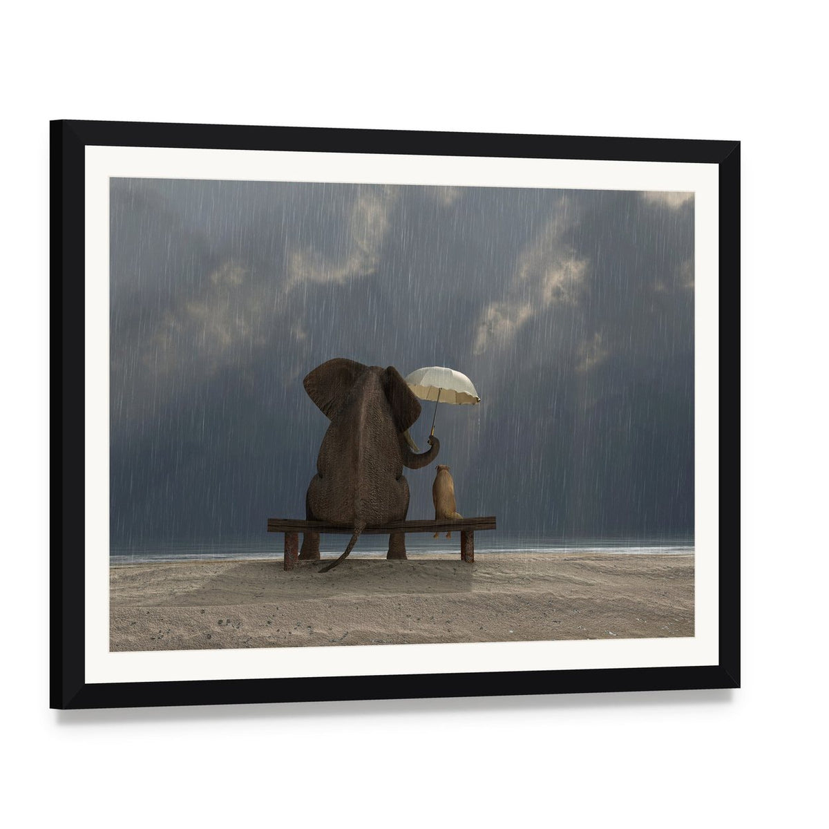 Elephant and Dog Under Rain Canvas Wall Art, framed print with white mat and black frame, angled product view