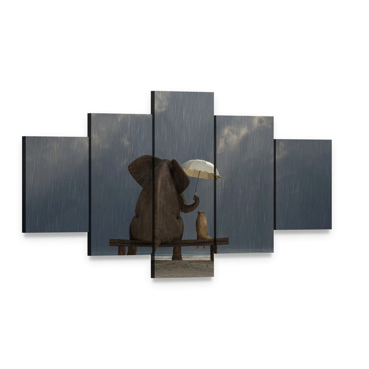 Elephant and Dog Under Rain Canvas Wall Art, 5 panel 5 Star layout gallery wrapped canvas set, angled product view