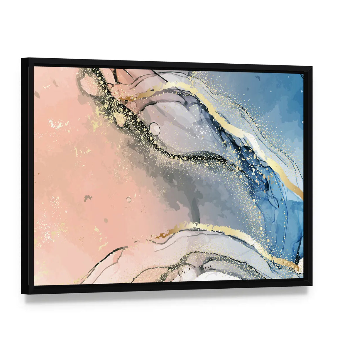 Pastel Marble Abstract with Gold Veins Canvas Wall Art, framed canvas in a black floater frame, angled product view