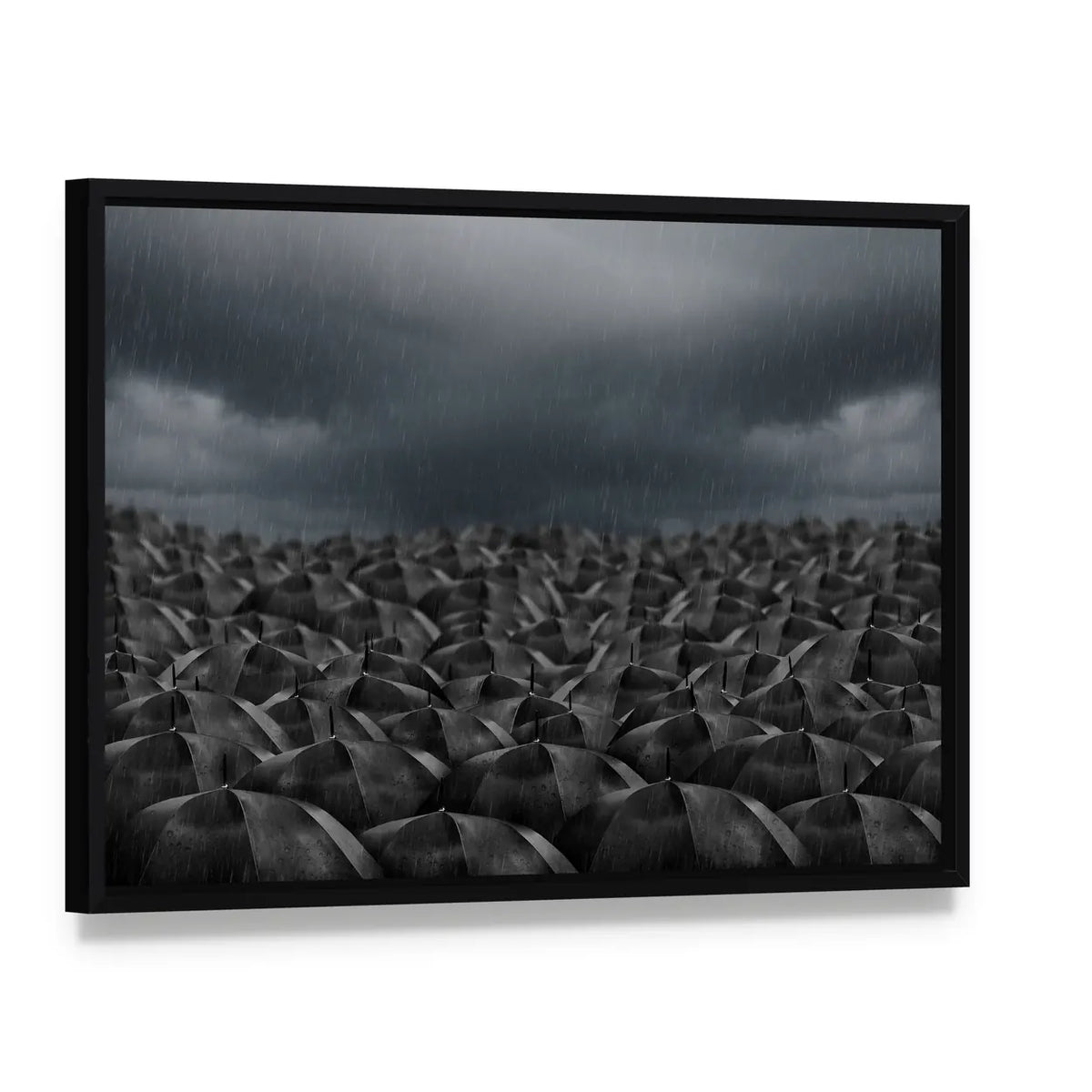 Umbrellas in the Rain Canvas Wall Art, framed canvas in a black floater frame, angled product view