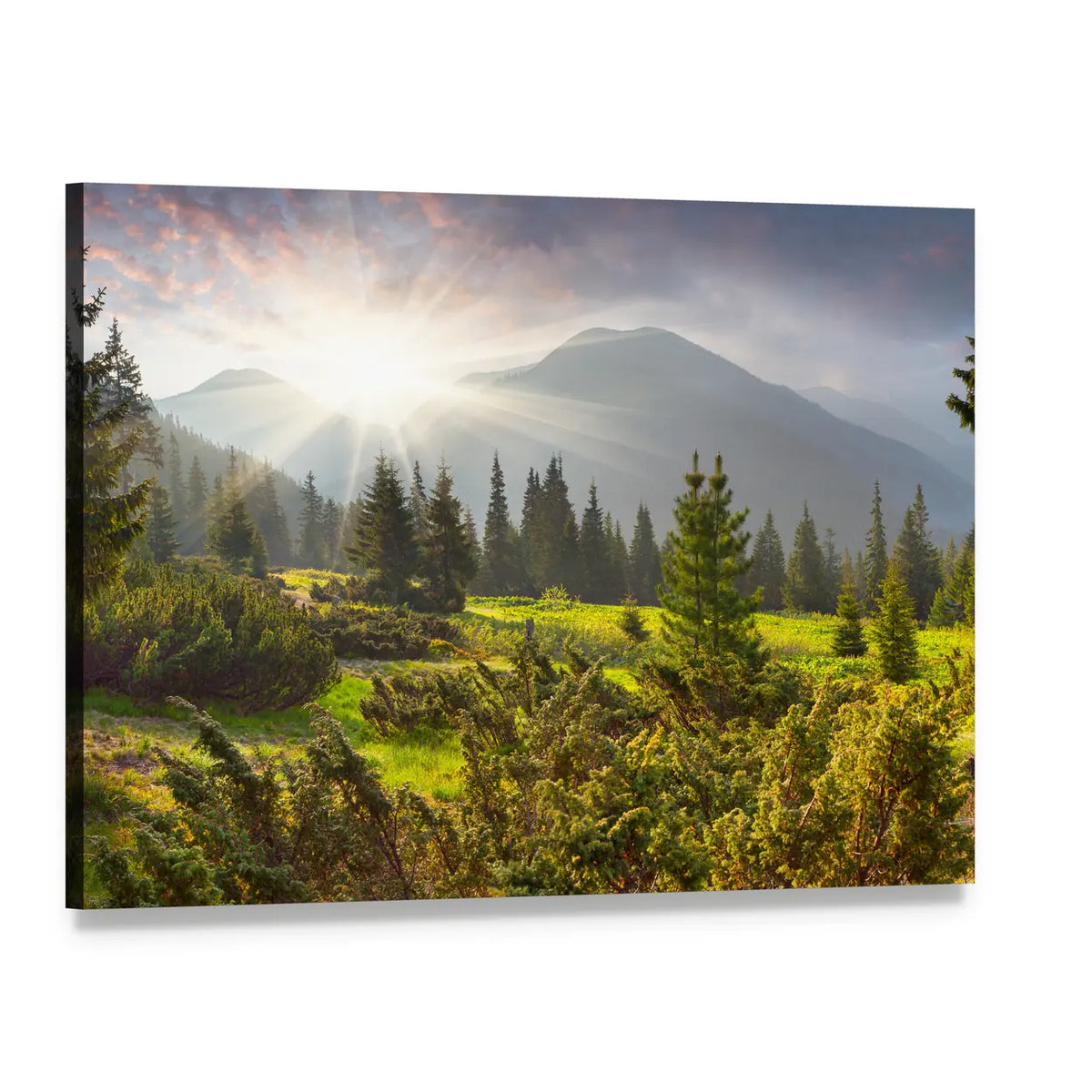 Summer Sunrise Over Mountain Range Canvas Wall Art, single panel gallery wrapped canvas, angled product view