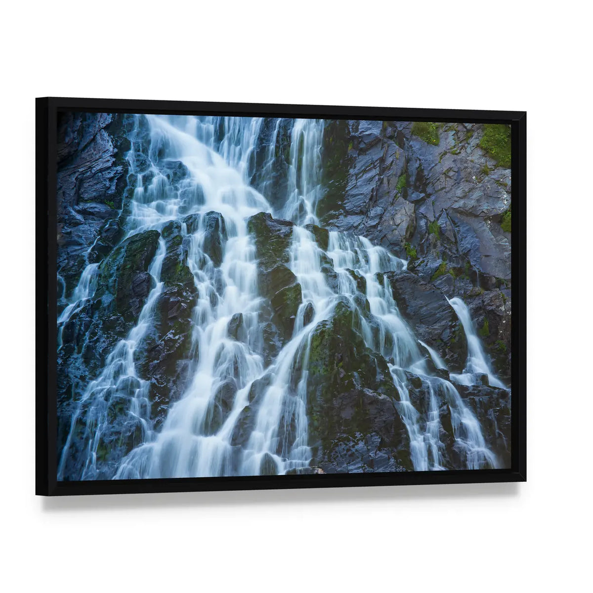 Balea Cascada Waterfall, Romania Canvas Wall Art, framed canvas in a black floater frame, angled product view