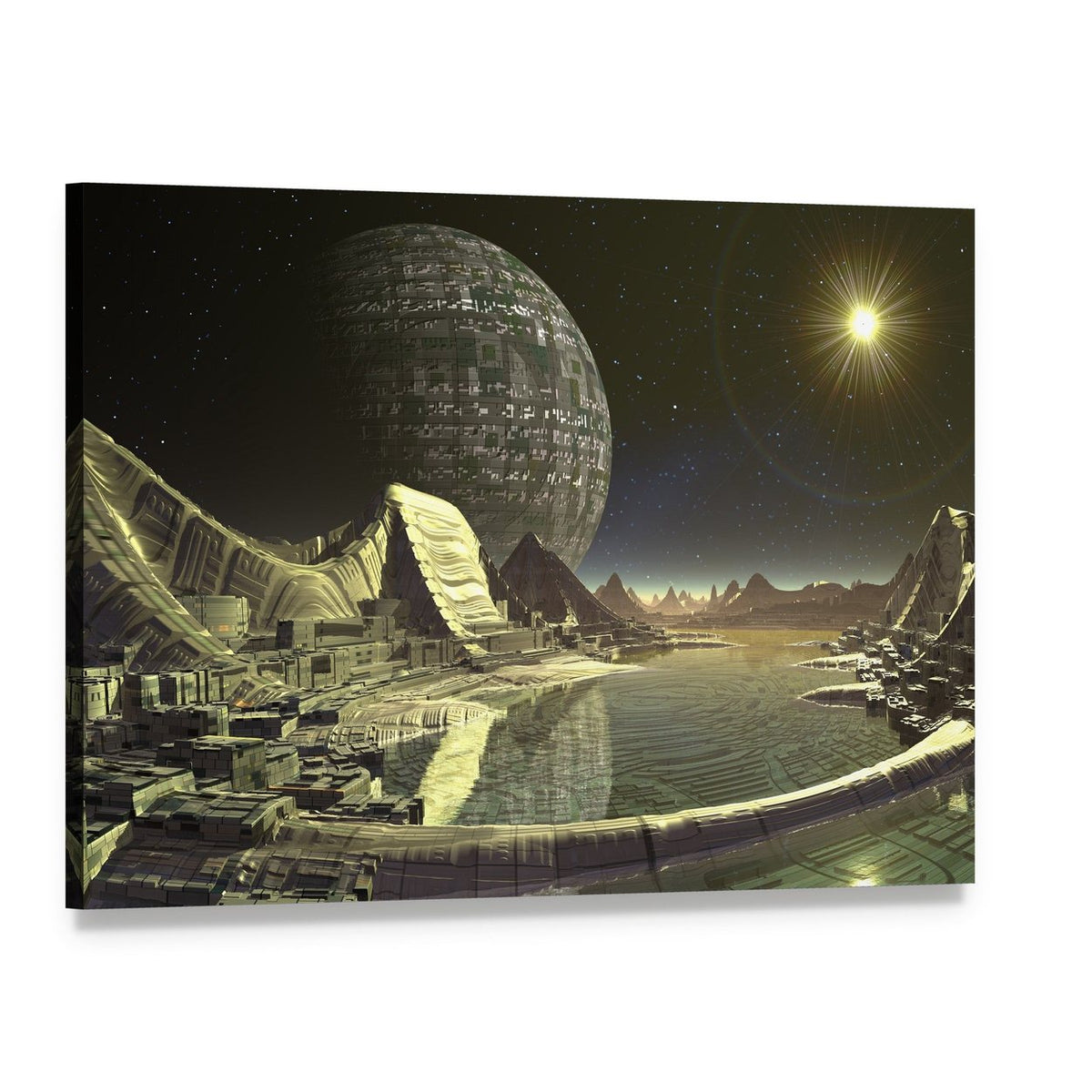 Alien Satellite City Canvas Wall Art, single panel gallery wrapped canvas, angled product view