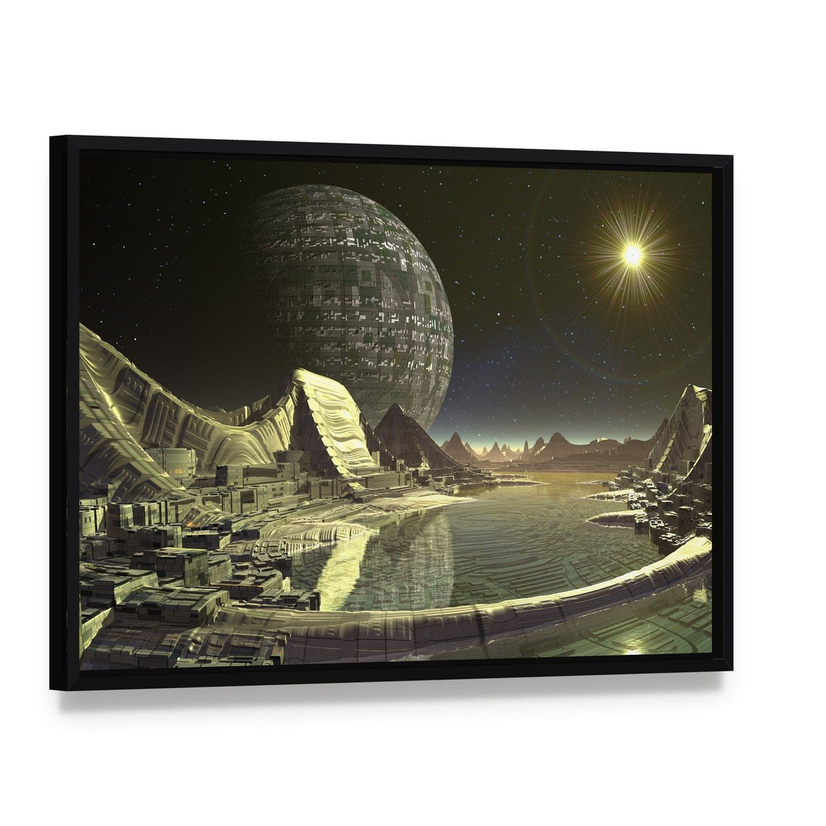 Alien Satellite City Canvas Wall Art, framed canvas in a black floater frame, angled product view