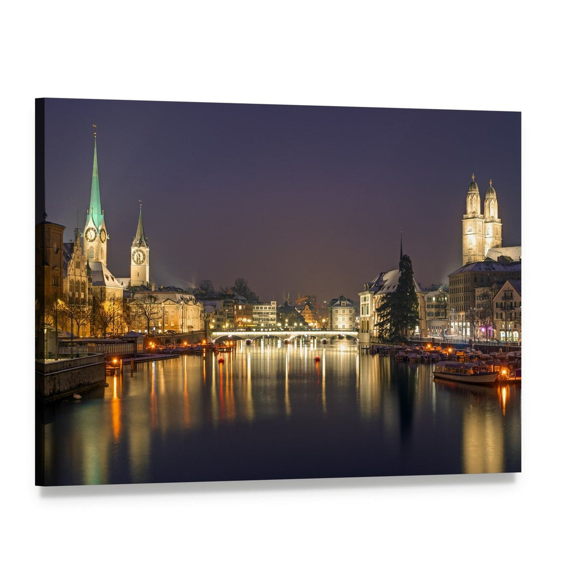 Zurich at Night Canvas Wall Art, single panel gallery wrapped canvas, angled product view