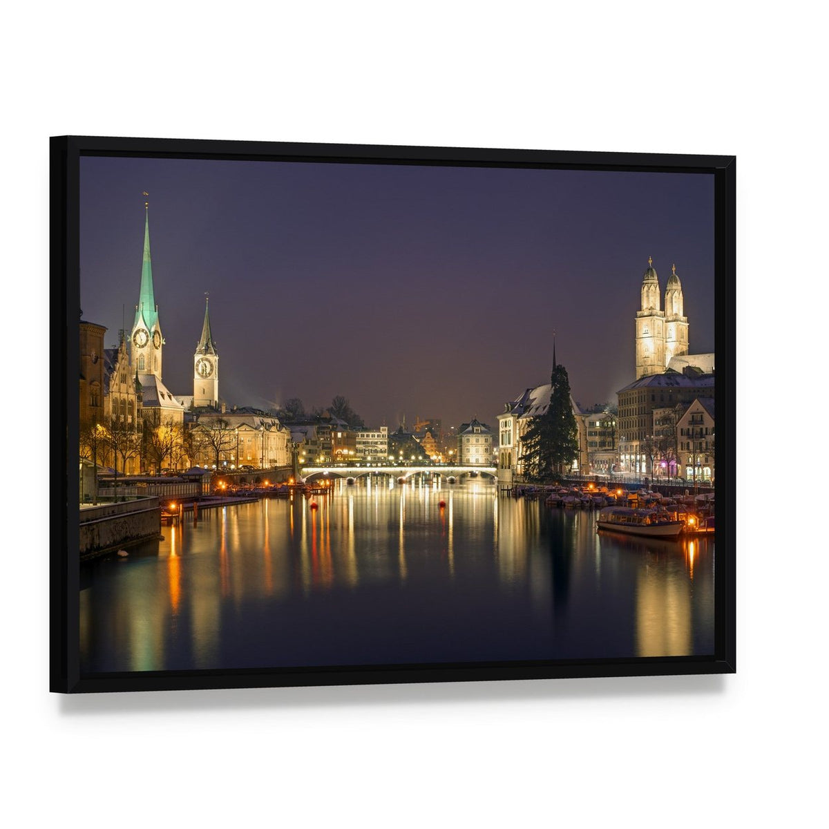 Zurich at Night Canvas Wall Art, framed canvas in a black floater frame, angled product view