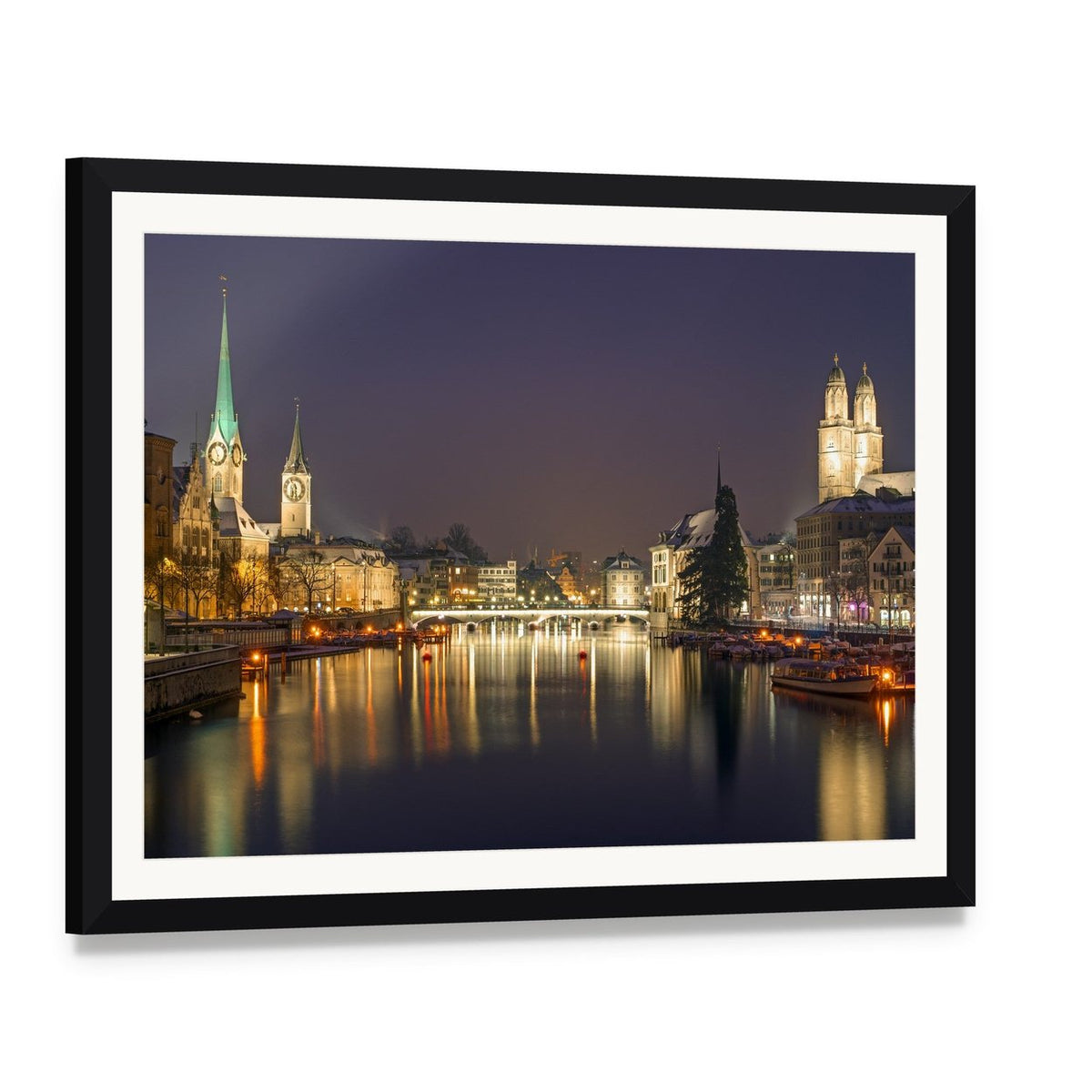 Zurich at Night Canvas Wall Art, framed print with white mat and black frame, angled product view