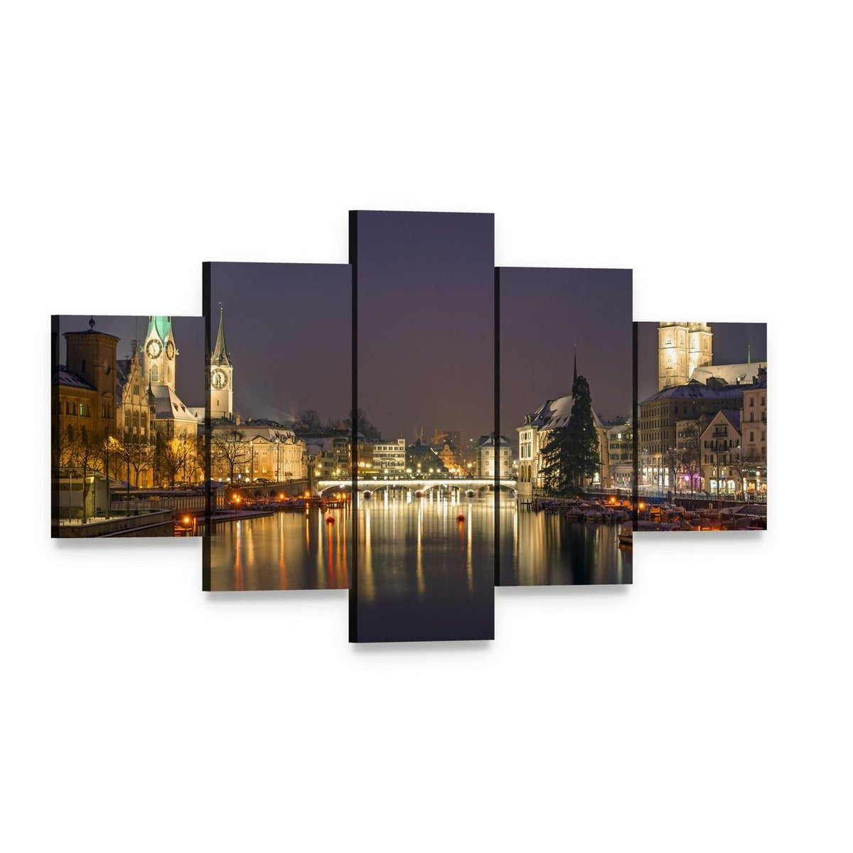 Zurich at Night Canvas Wall Art, 5 panel 5 Star layout gallery wrapped canvas set, angled product view