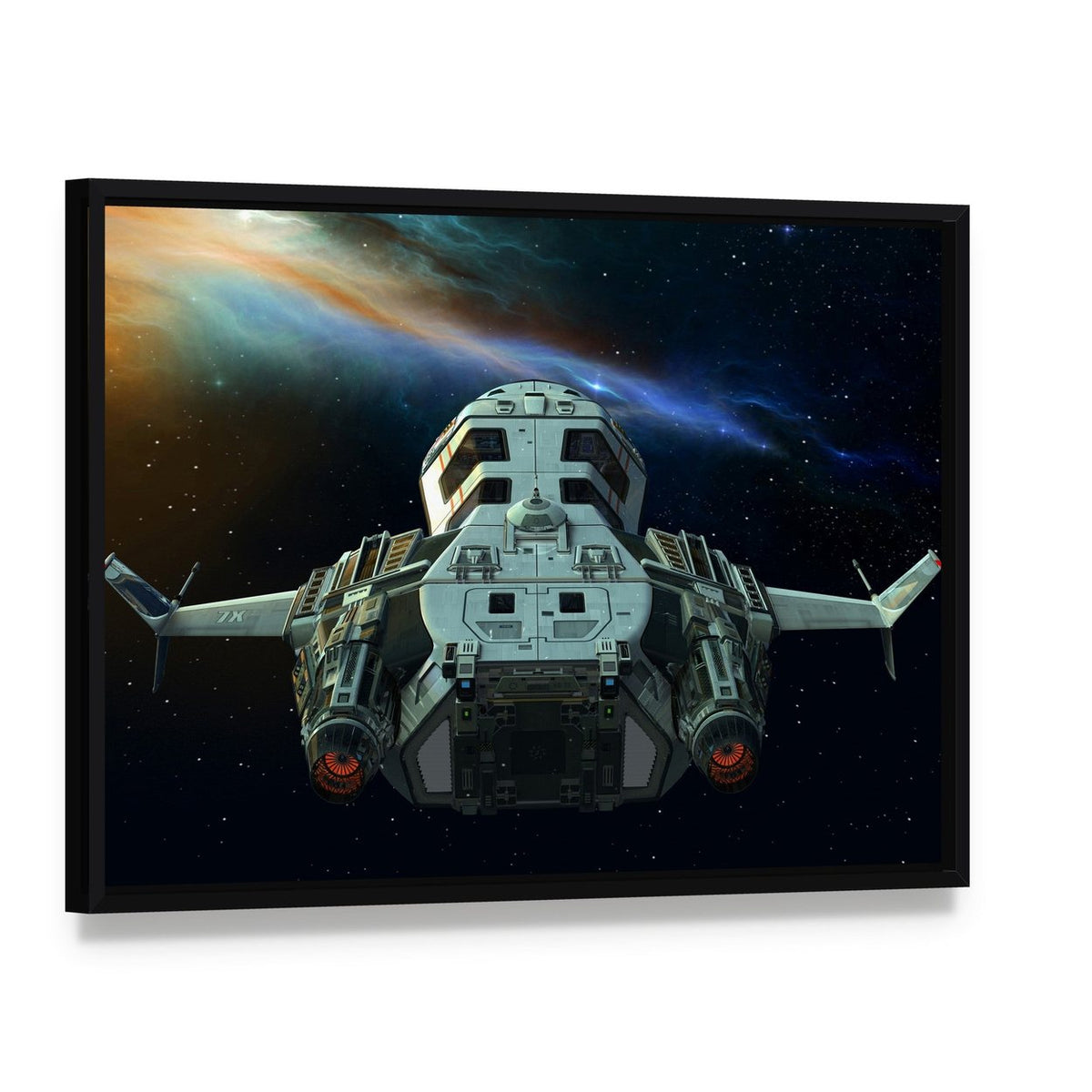 Futuristic Spaceship in Deep Space Canvas Wall Art, framed canvas in a black floater frame, angled product view
