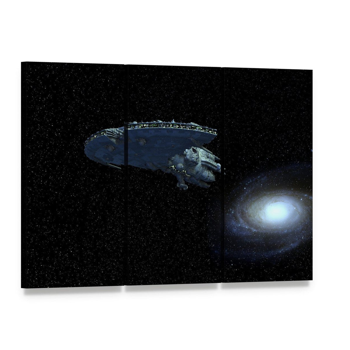 Spaceship Moving Away from Galaxy Canvas Wall Art, 3 panel 3 Horizontal layout gallery wrapped canvas set, angled product view