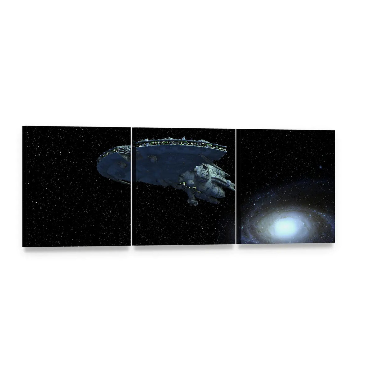Spaceship Near Spiral Galaxy Panoramic Canvas Wall Art, 3 panel 3 Piece layout gallery wrapped canvas set, angled product view