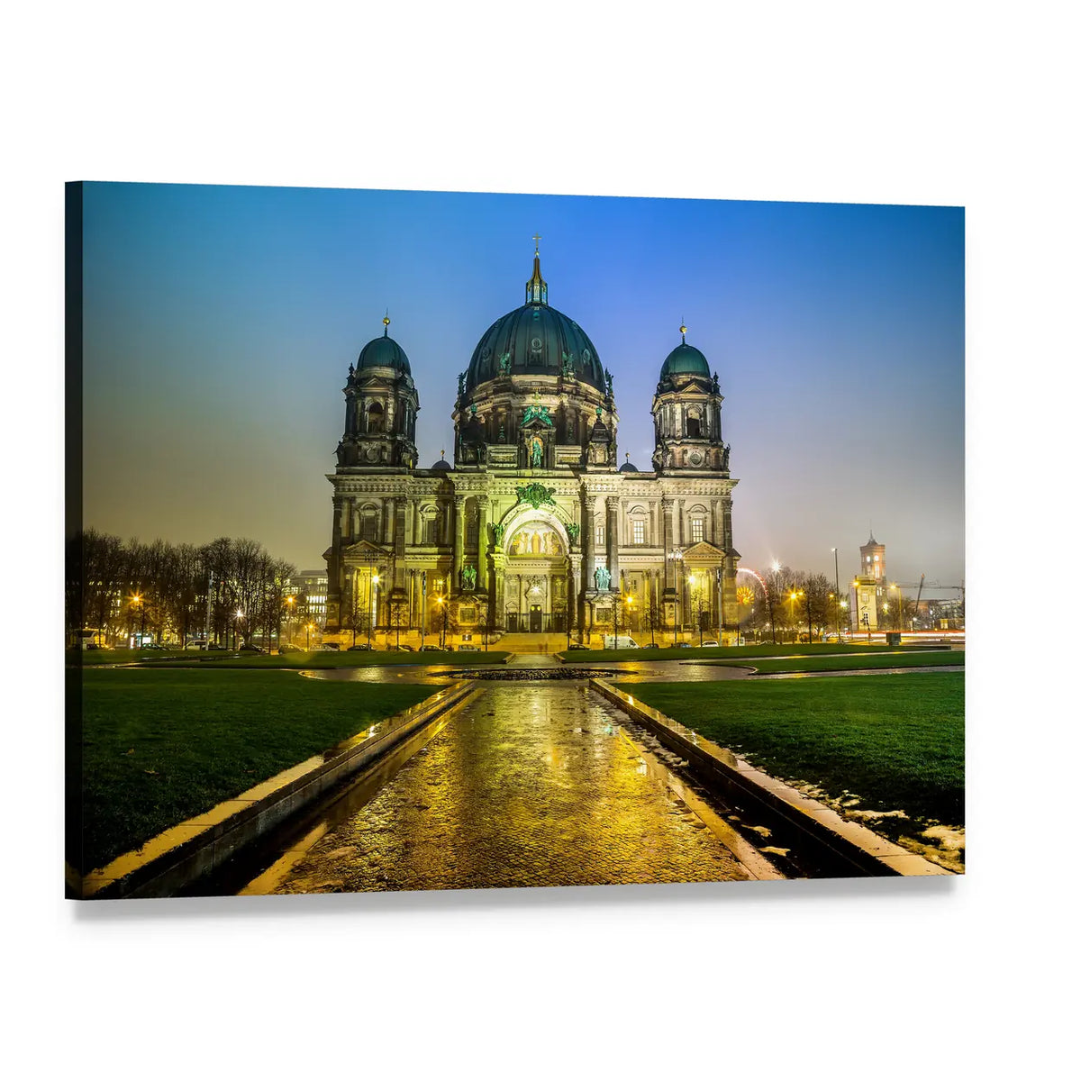 Berlin Cathedral at Night Canvas Wall Art, single panel gallery wrapped canvas, angled product view