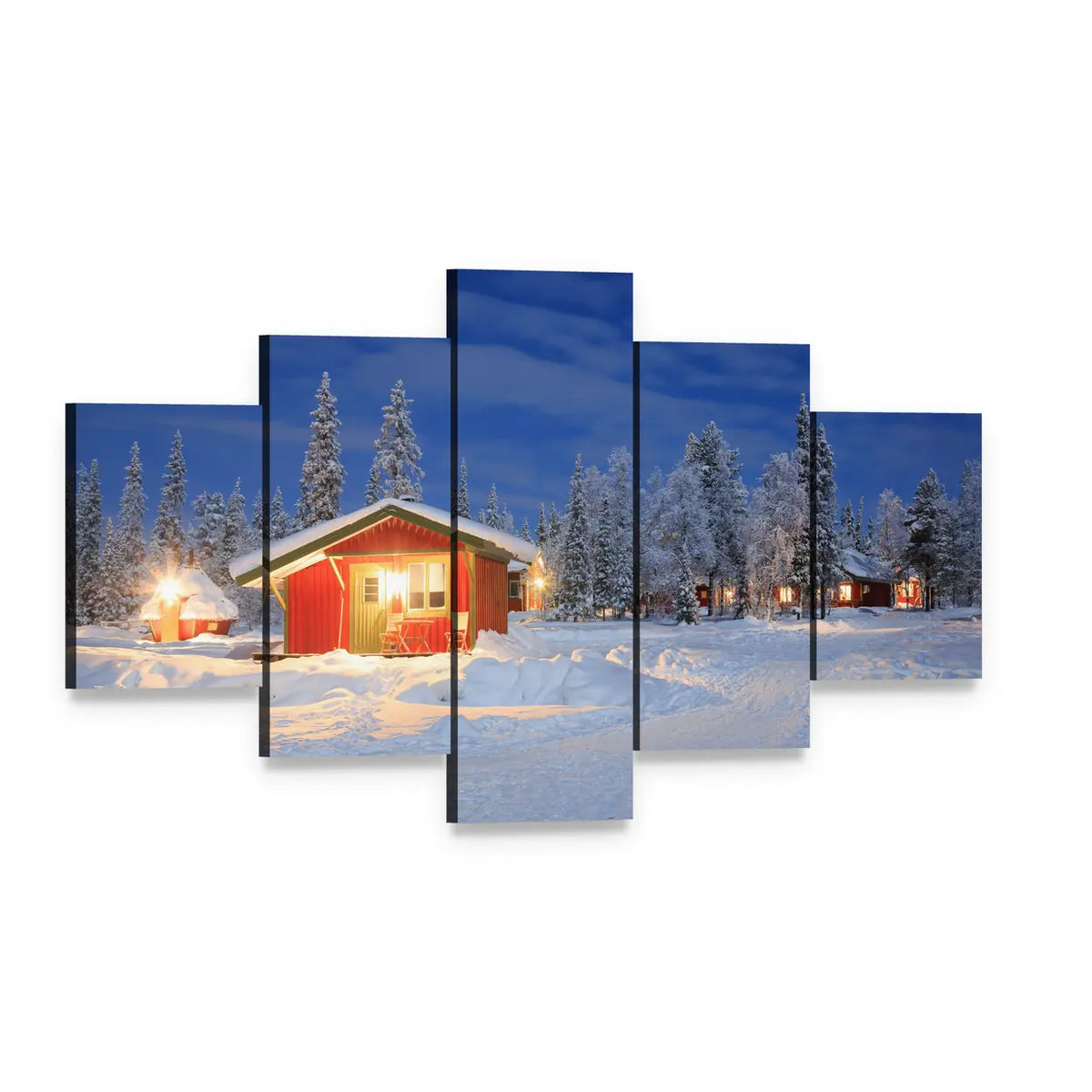 Cozy Winter Cabin at Night Canvas Wall Art, 5 panel 5 Star layout gallery wrapped canvas set, angled product view