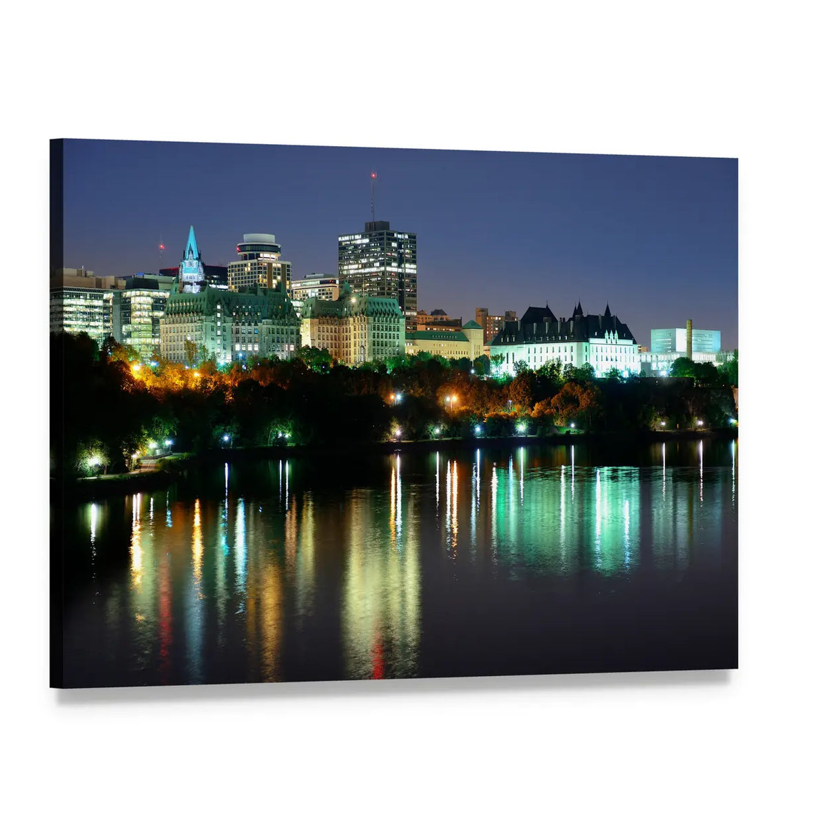 Ottawa Night Skyline Over River Canvas Wall Art, single panel gallery wrapped canvas, angled product view